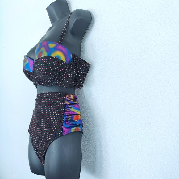 Black Polka Dot Rainbow Holographic Highwaist Bikini 2piece Swimsuit PlusSize 2x - Picture 2 of 5